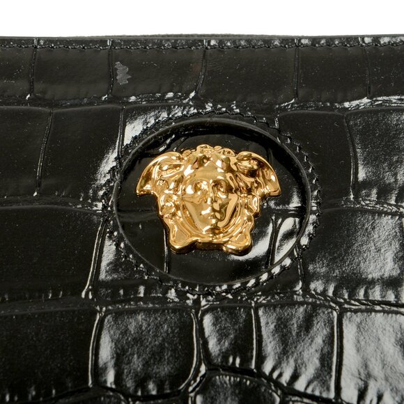 Versace Women's 100% Leather Croc Print Gold Medusa Head Zip Around Wallet - Picture 2 of 6